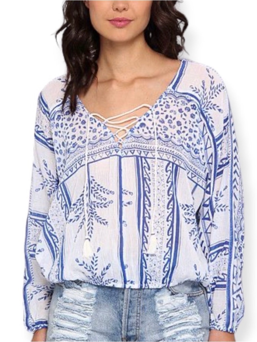 Free People Yo Yo Geo Peasant Blouse